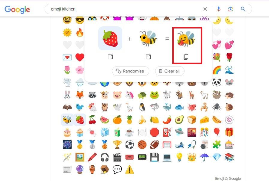 A screenshot highlighting the Emoji Kitchen copy icon on a browser.