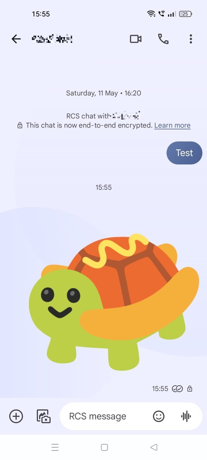 A screenshot of a Google Messages sticker showing a turtle carrying a hot dog