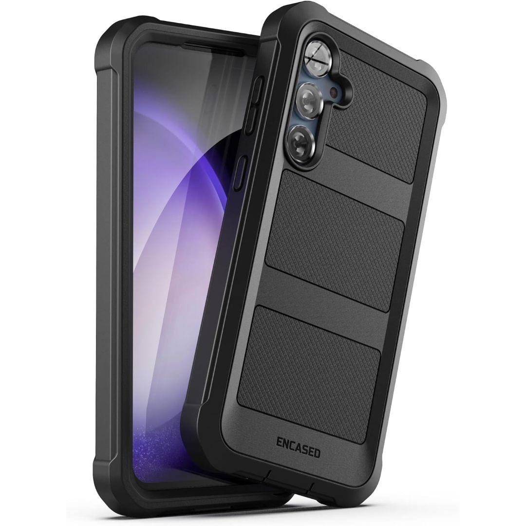 A black phone case on a smartphone displaying the front and back sides