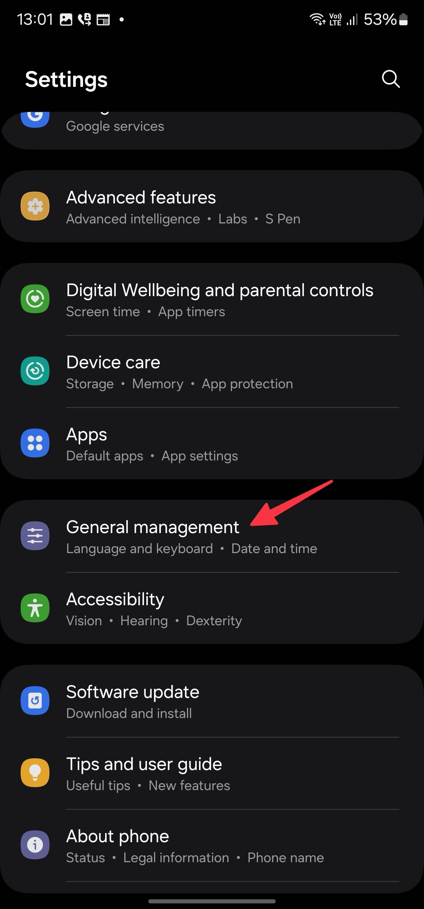 General management menu on Samsung Settings