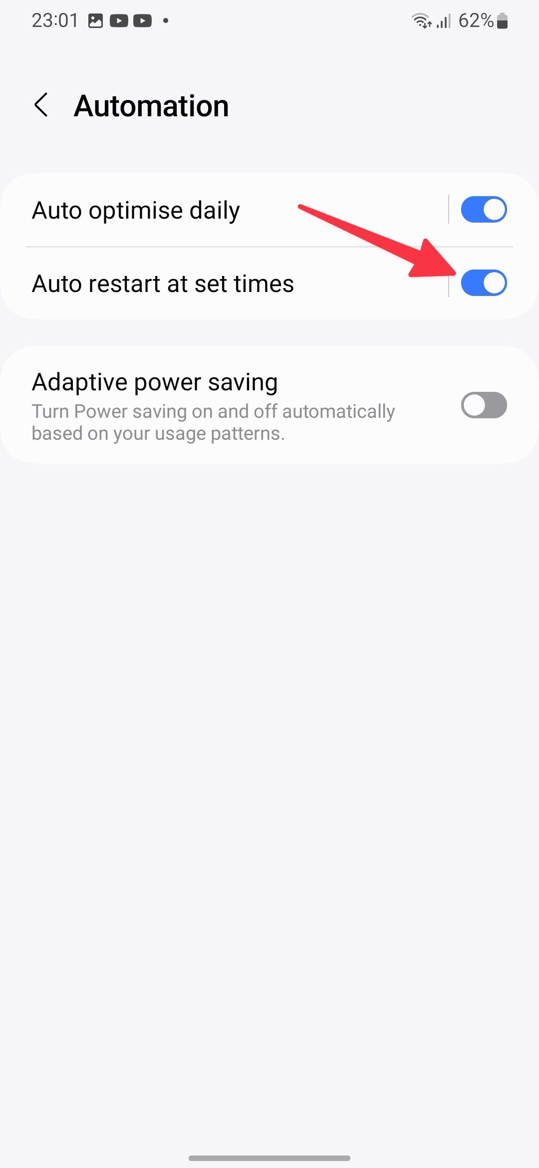 Turn on the Auto restart at set times toggle to shut down the device at a set time