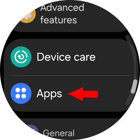 Red arrow pointing to Apps in Galaxy Watch 7 settings