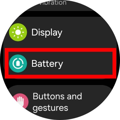 Red rectangle outline highlighting Battery in Galaxy Watch 7's setting menu
