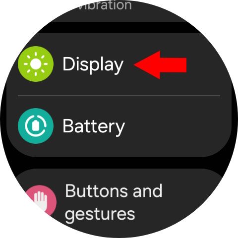 Red arrow pointing to Display option in One UI Watch