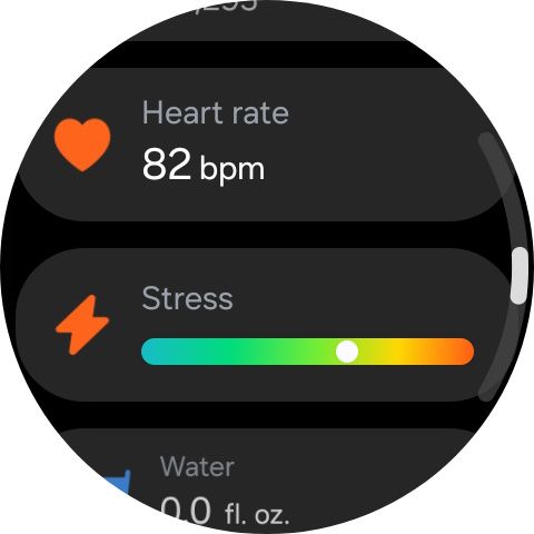 Samsung Health app on Wear OS 5 showing Heart rate, stress, and water