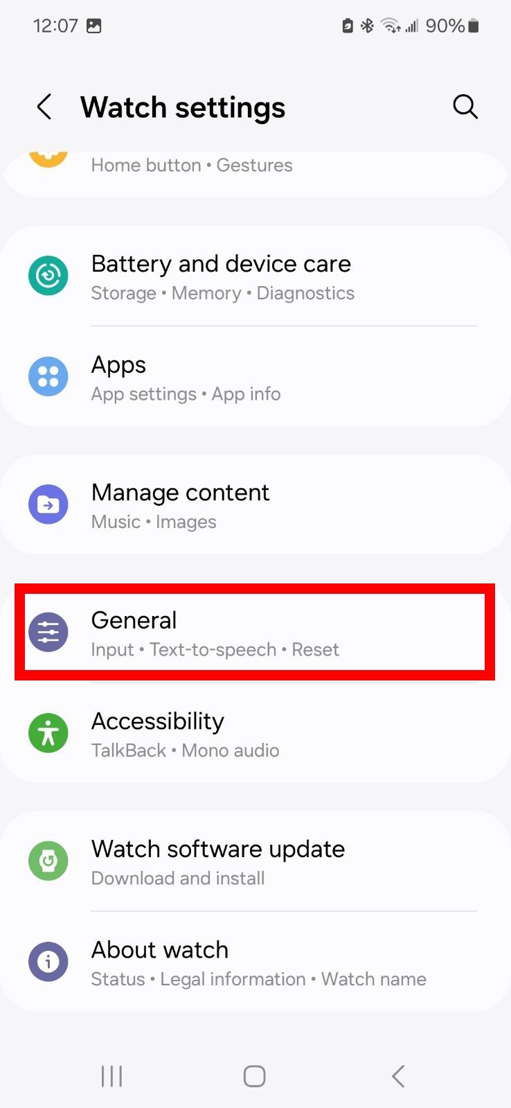 Red rectangle outline highlighting General option Watch settings in the Galaxy Wearable app