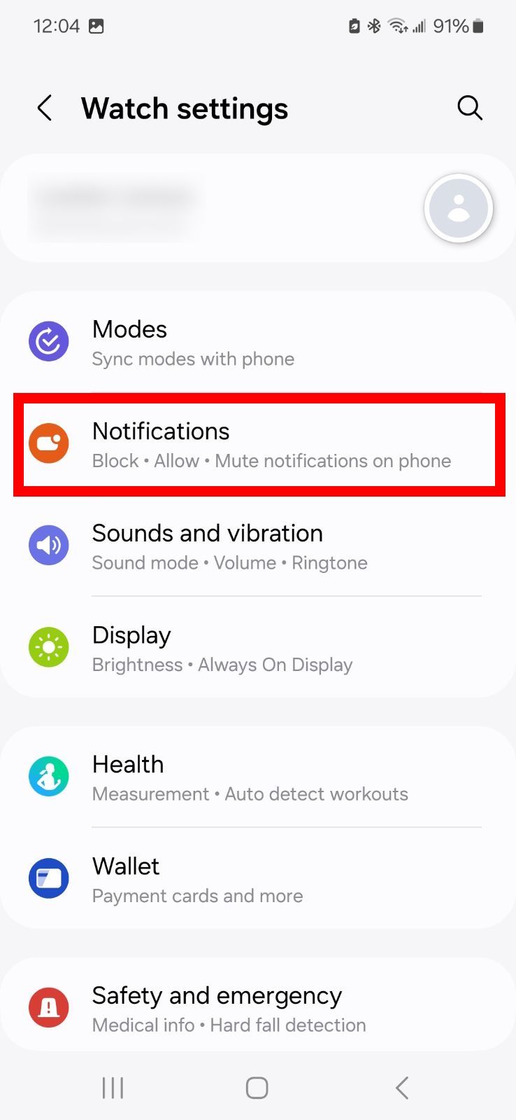 Red rectangle outline highlighting Notifications option in Galaxy Wearable app