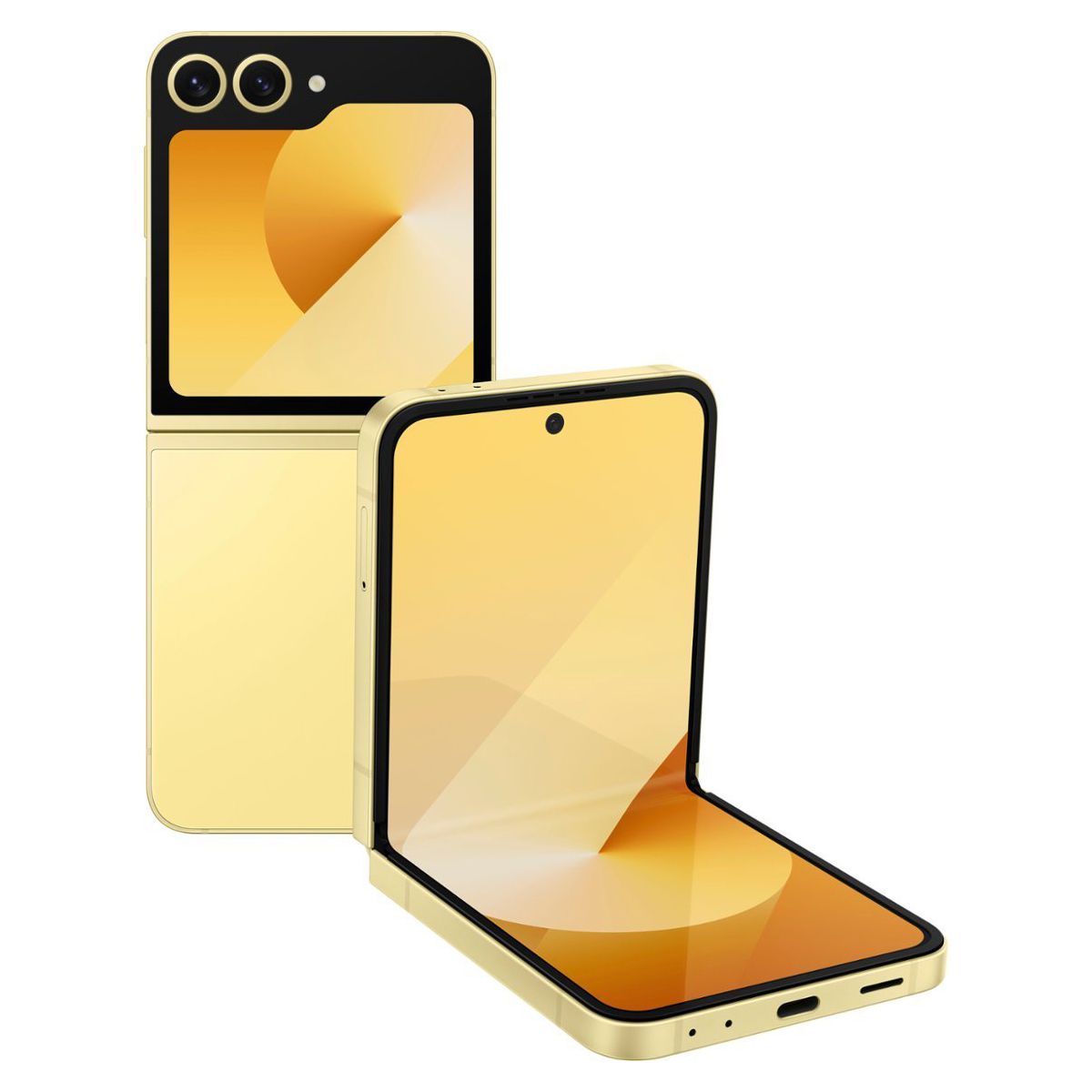 Representación del Galaxy Z Flip 6 en amarillo sobre un fondo blanco.