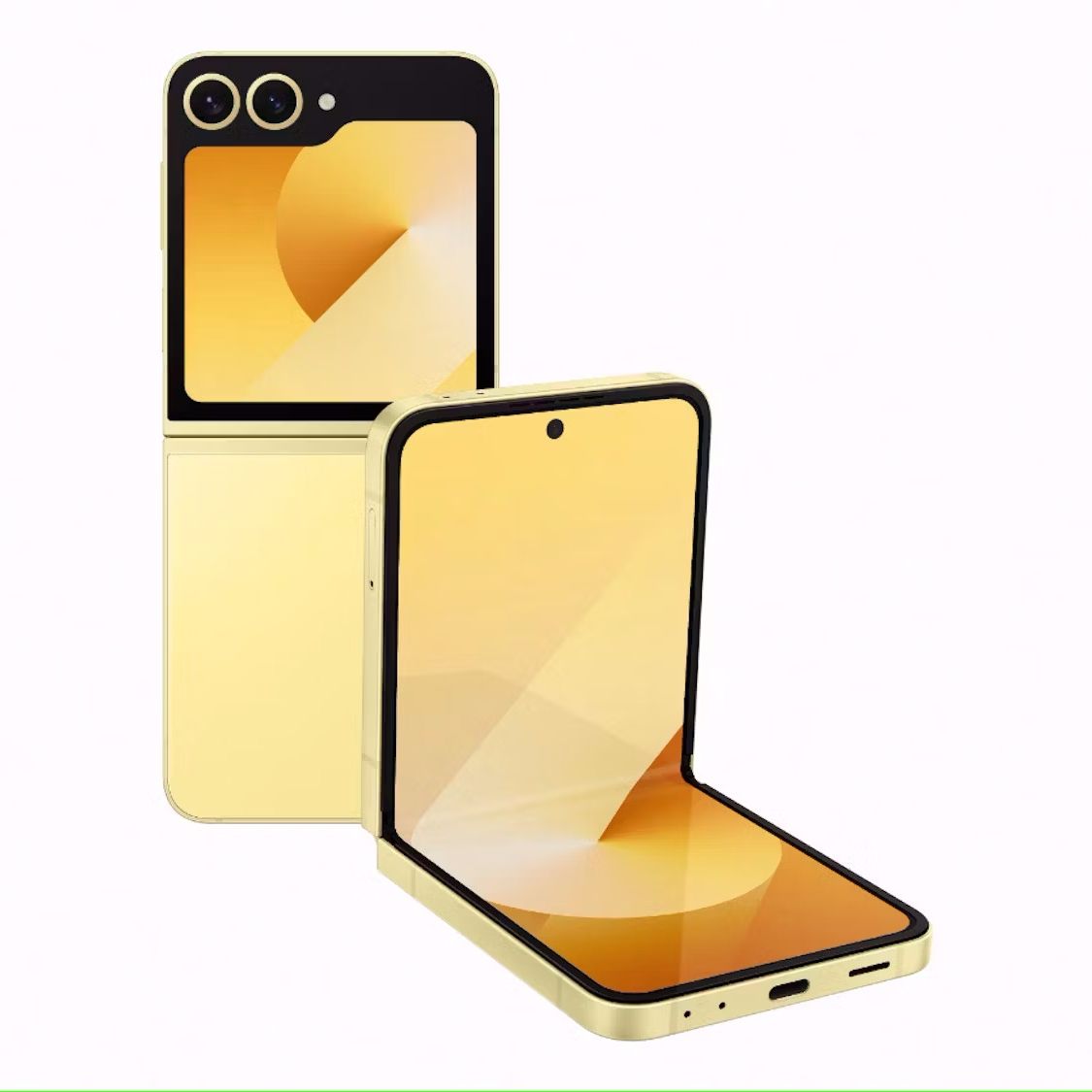 Render of the Galaxy Z Flip 6 in yellow against a white background.