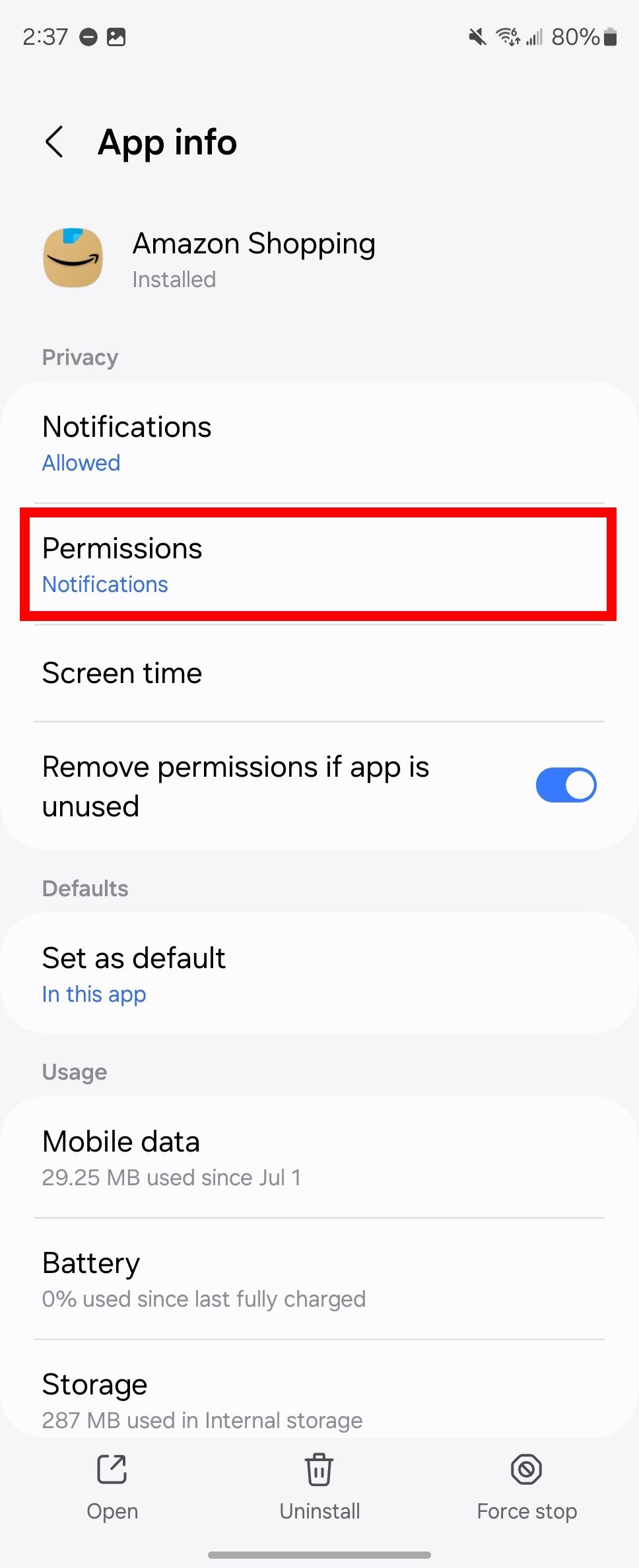 Red rectangle outline highlighting permissions in app info