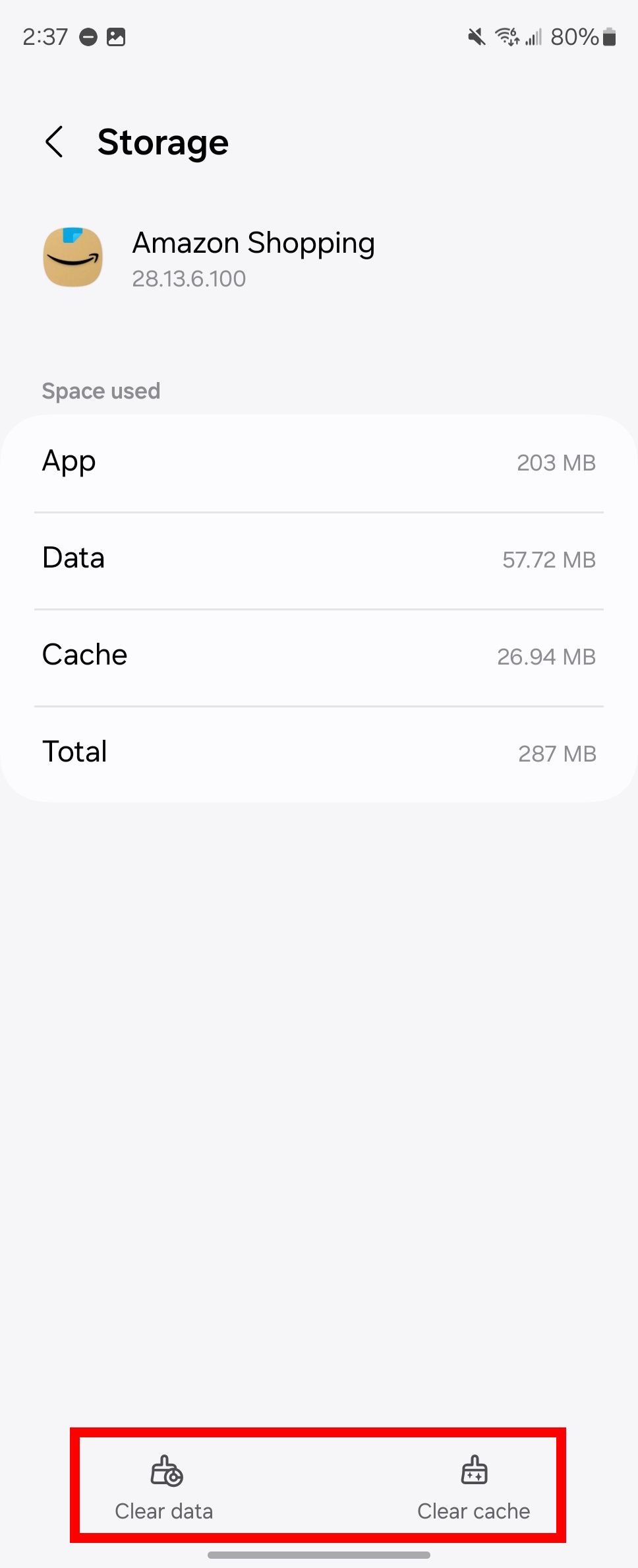 Red rectangle outline over Clear data and Clear cache options in app storage