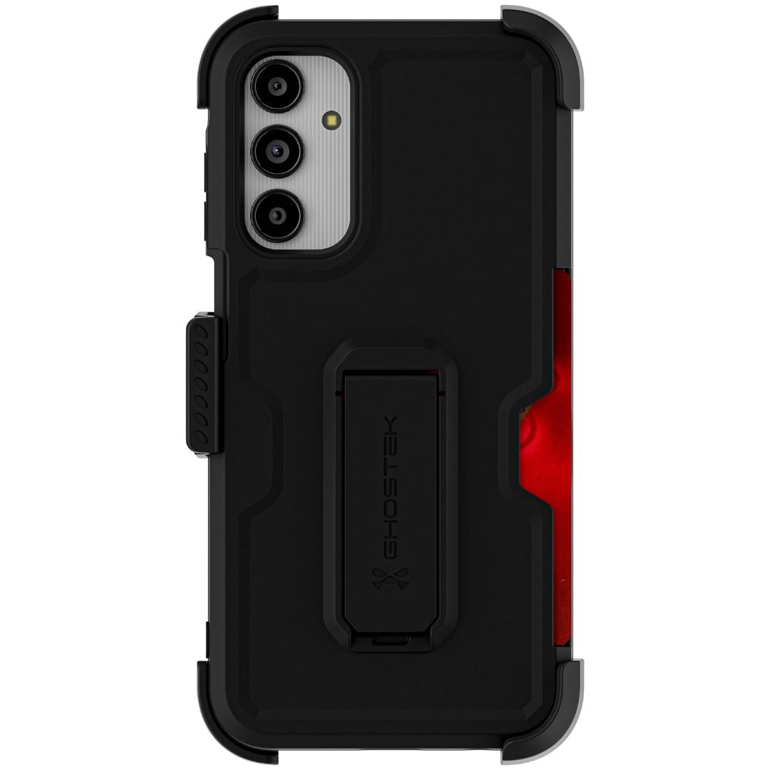 A black phone case with a red accent color