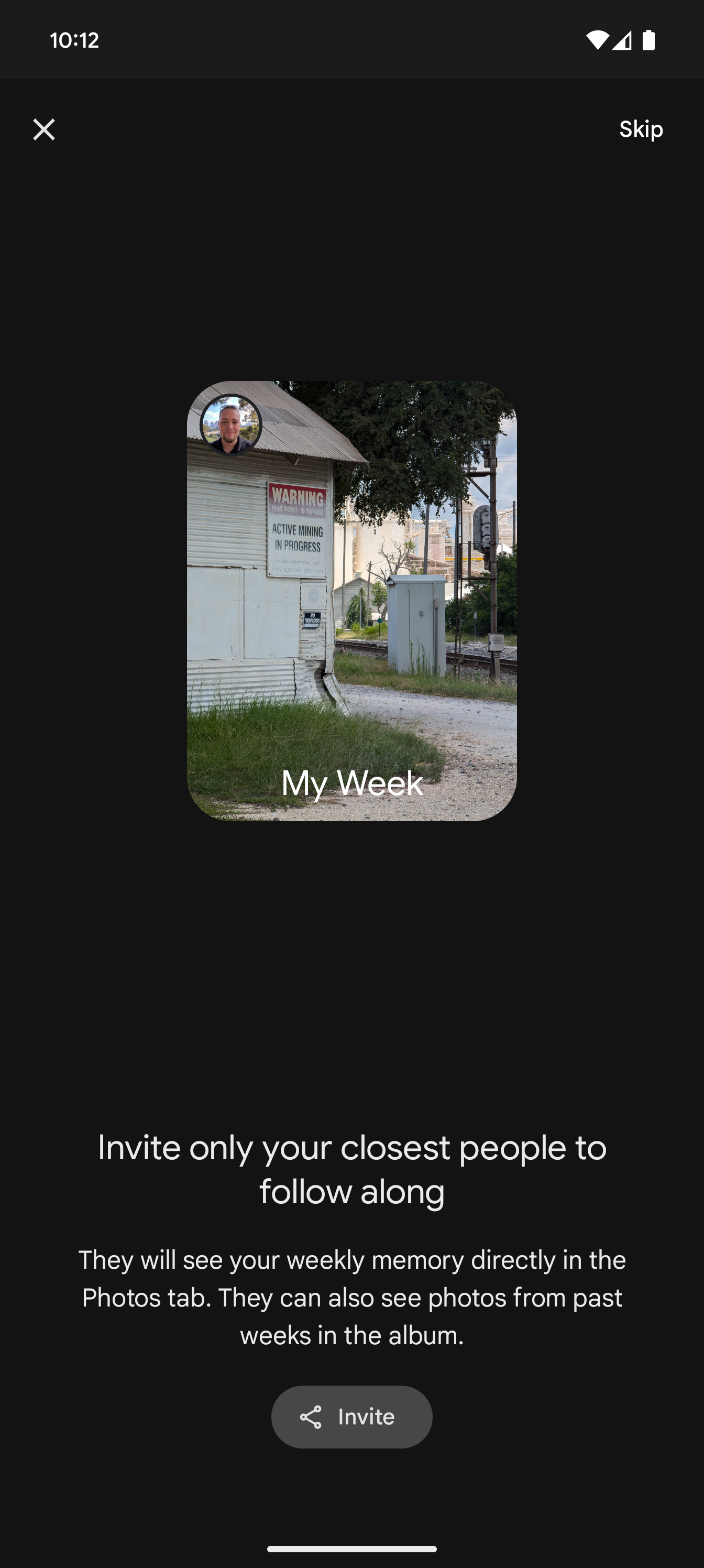 Screenshot showing the invitation process for Google Photos' new My Week feature.