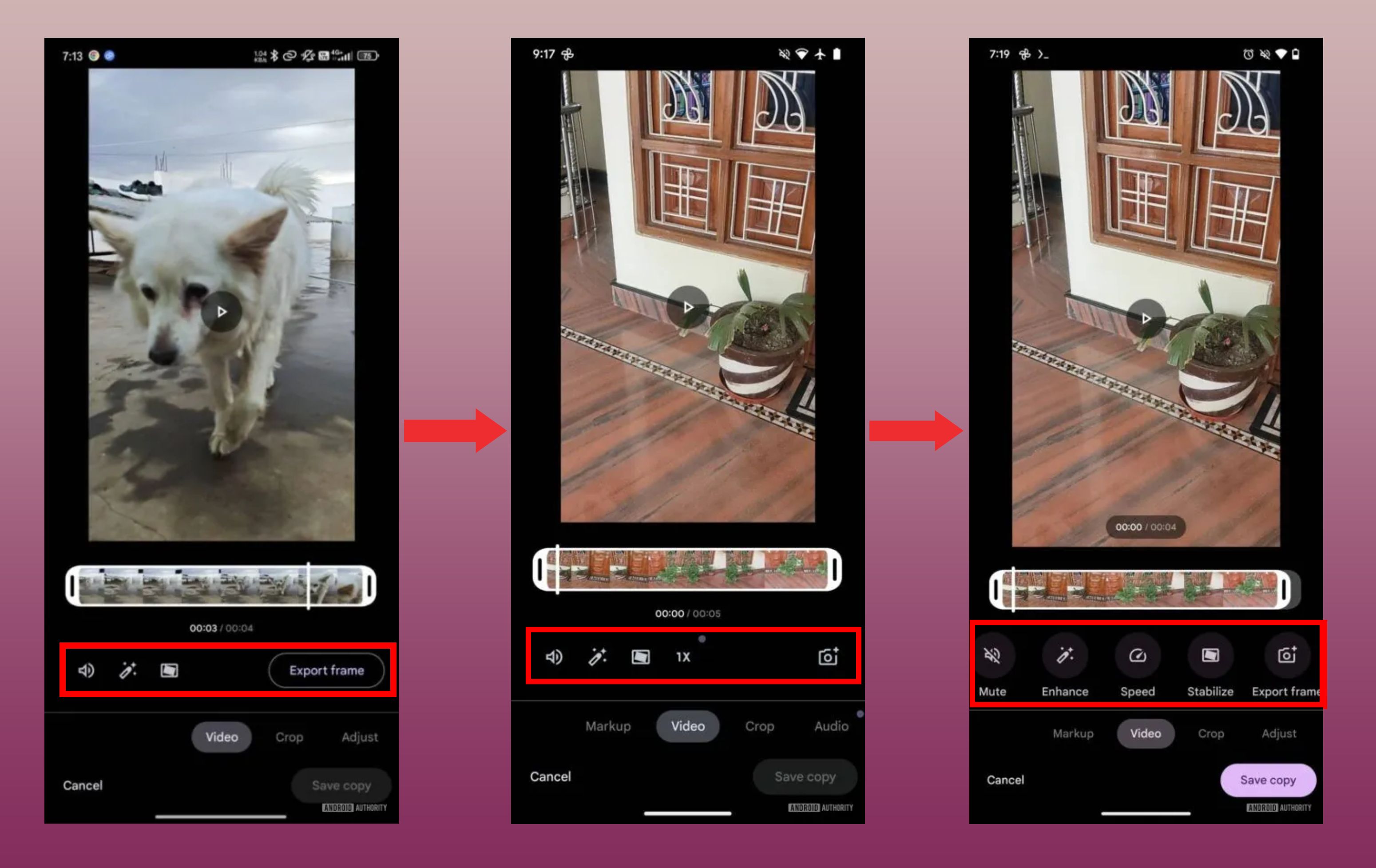 Screenshots of Google Photos' changing video editing UI.