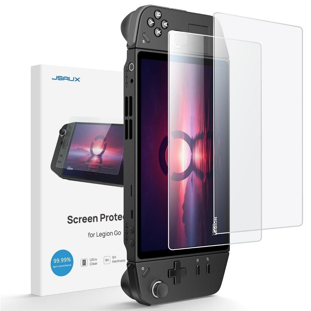 Jsaux Tempered Glass Protector for Legion Go beside packaging