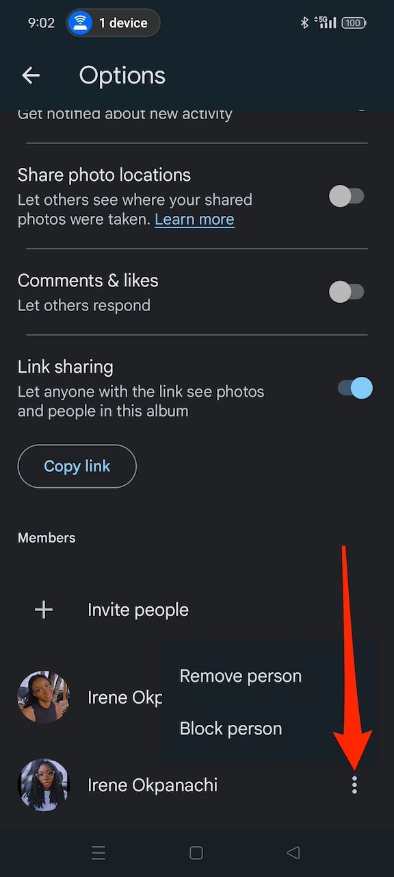 Opciones para eliminar y bloquear miembros de My Week en la aplicación Google Photos