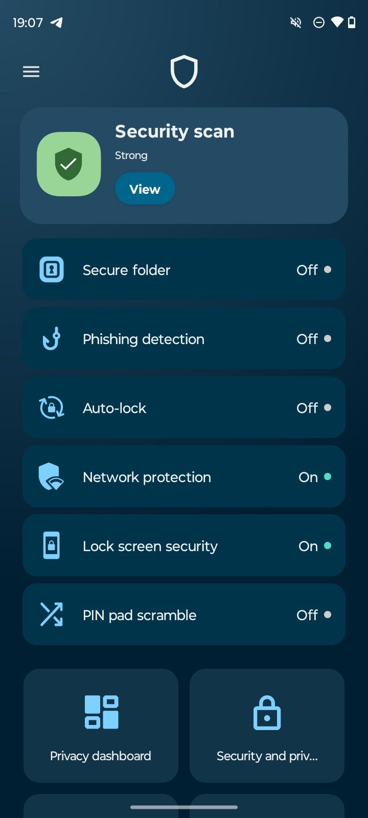 Moto Secure app with a list of options for privacy and security settings on a motorola phone