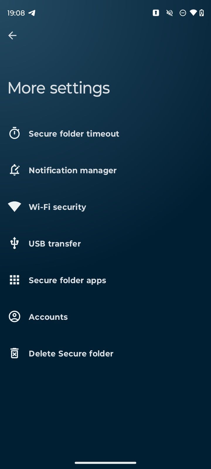 A list of options in the more settings screen on the Moto secure app