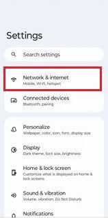 Screenshot highlighting Network & internet on a Motorola phone