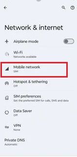 Screenshot highlighting Mobile network on a Motorola phone