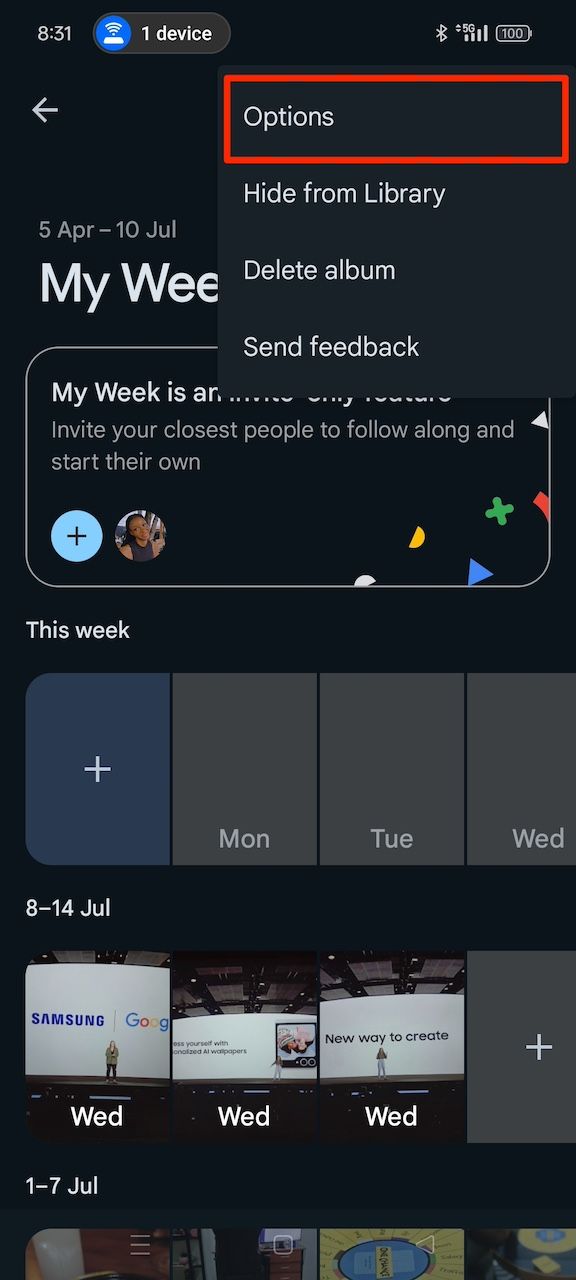 Selecting Options from My Week menu on Google Photos