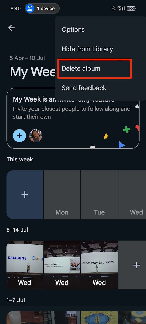 Selecting Delete album option in Google Photos My Week album