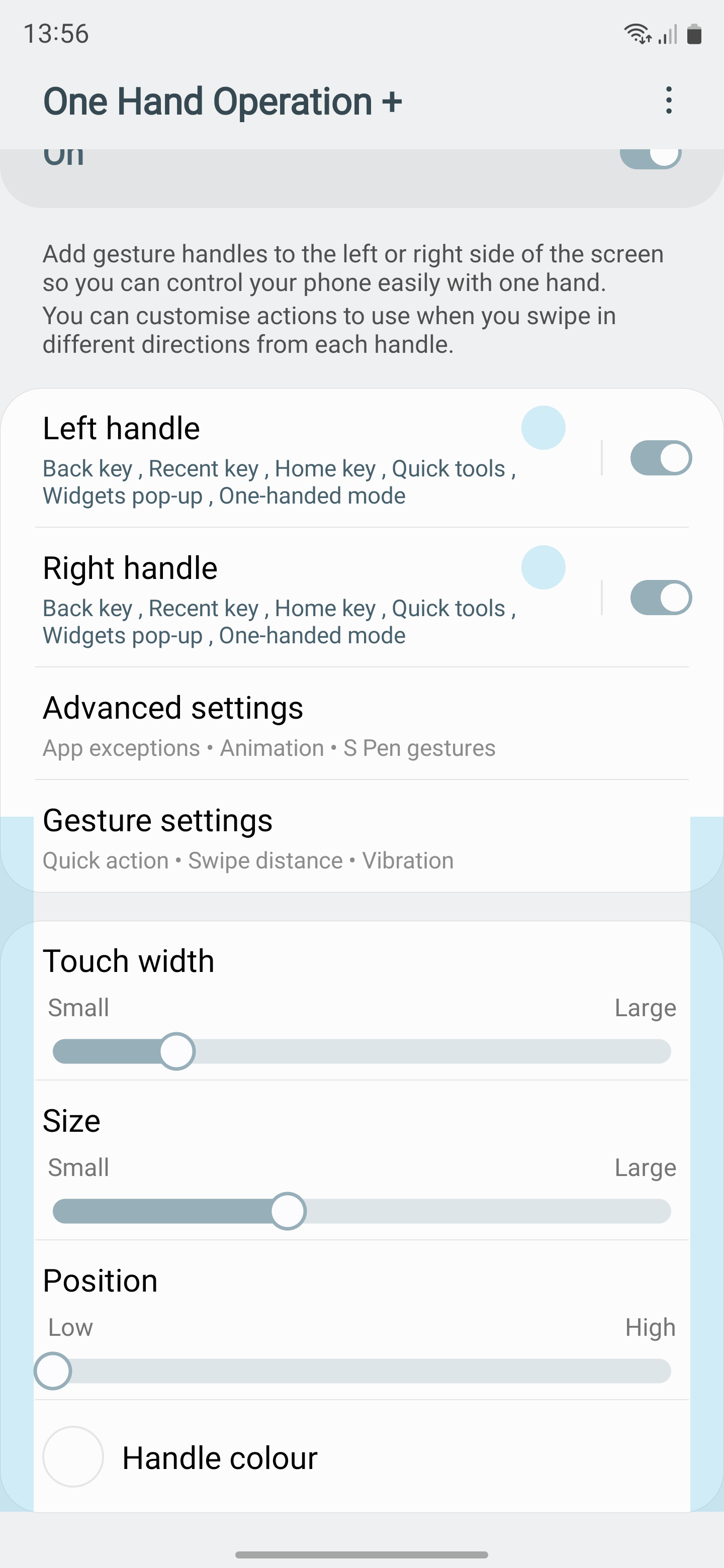 A screenshot of One Hand Operation+ on a Samsung phone, demonstrating how to adjust the target area for gesture navigation