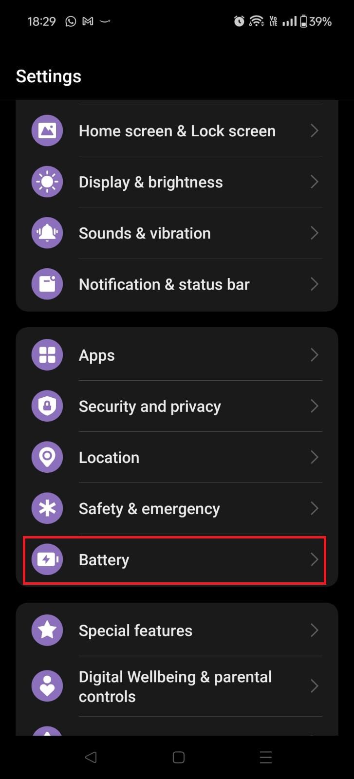 Screenshot highlighting Battery on the OnePlus 12R