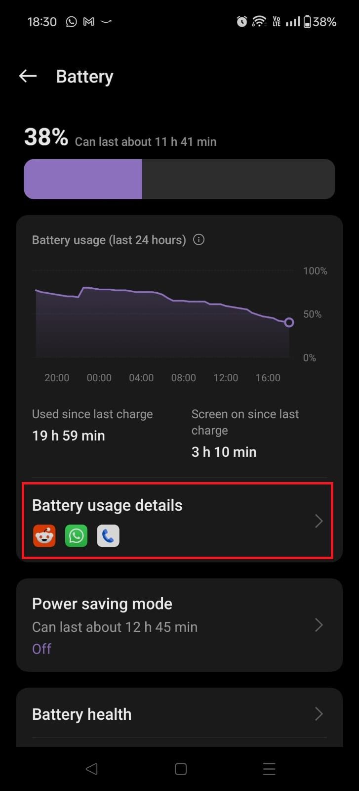 Screenshot highlighting Battery usage details on the OnePlus 12R