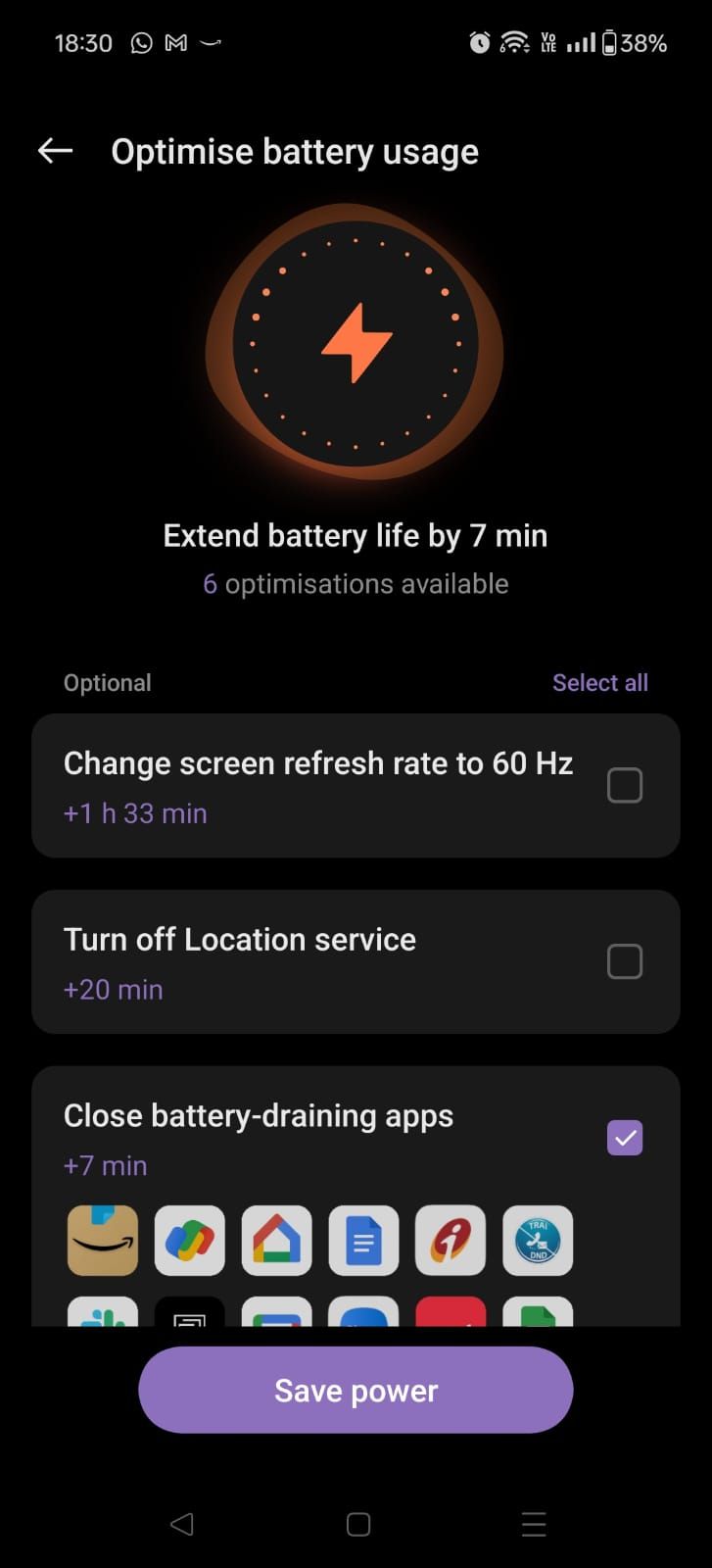 Screenshot showing the Optimize battery usage page on the OnePlus 12R