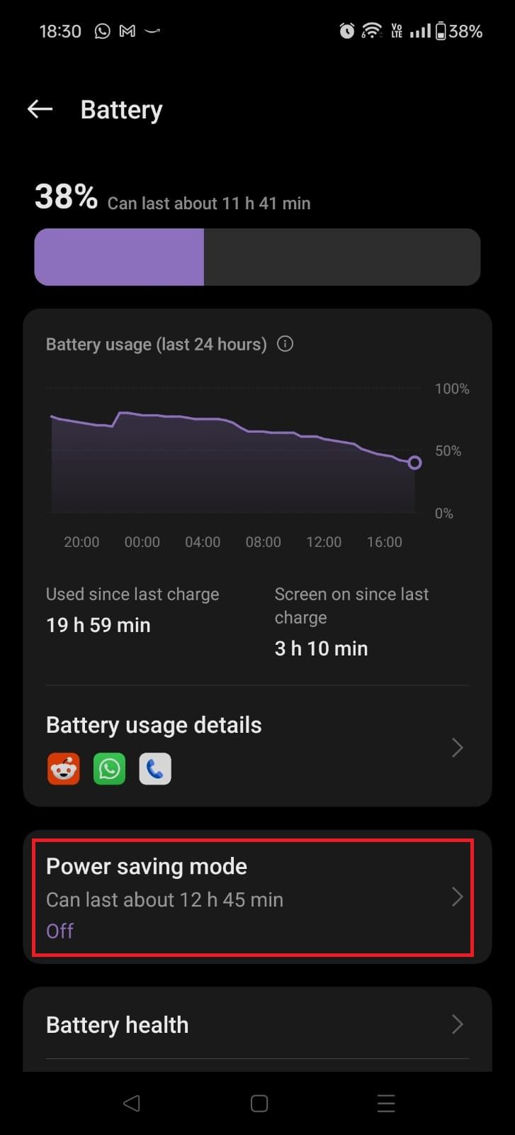 Screenshot highlighting Power saving mode on the OnePlus 12R