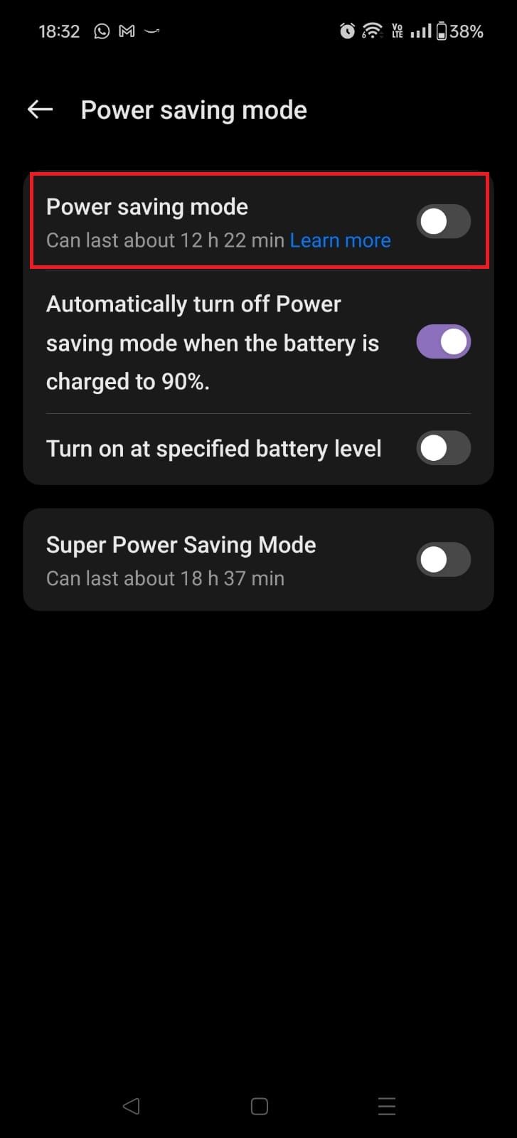 Screenshot highlighting the Power saving mode toggle on the OnePlus 12R