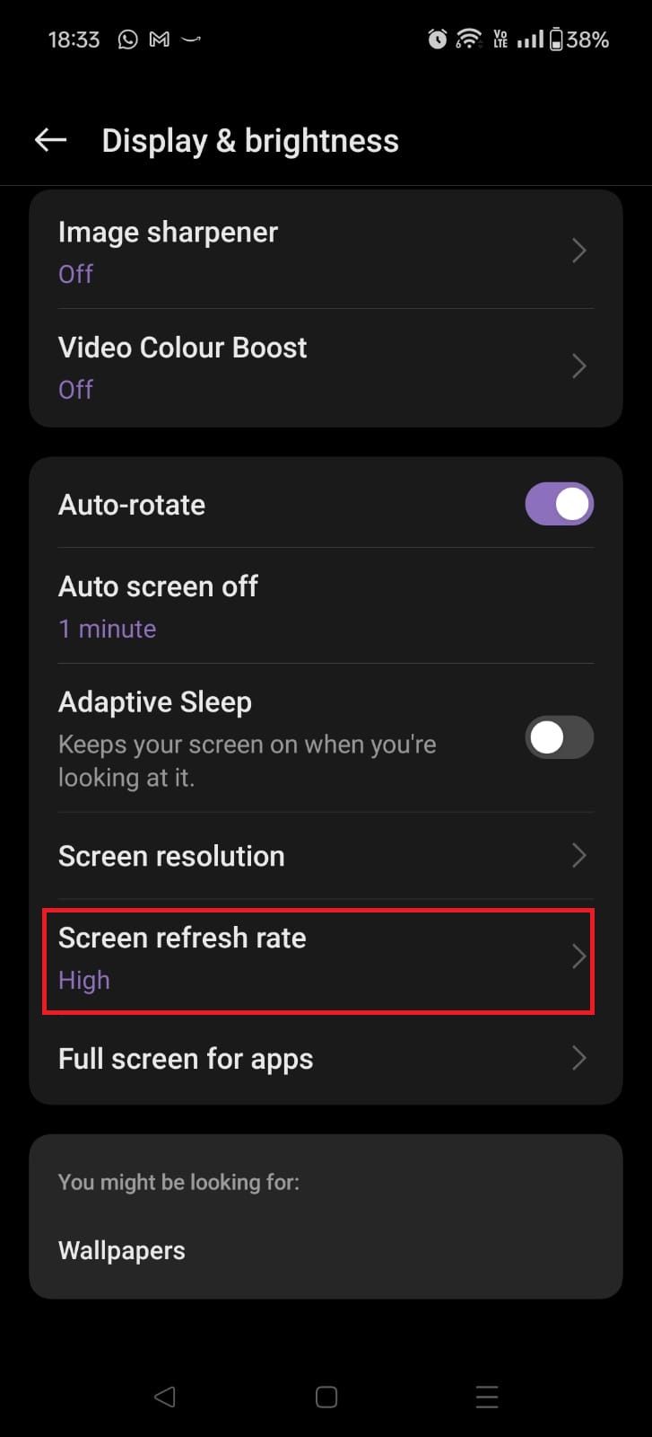 Screenshot highlighting Screen refresh rate on the OnePlus 12R