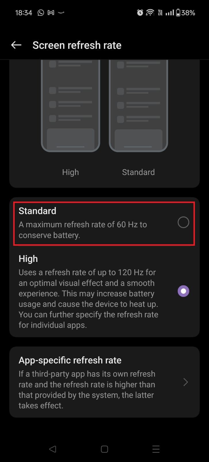 Screenshot highlighting Standard on the OnePlus 12R