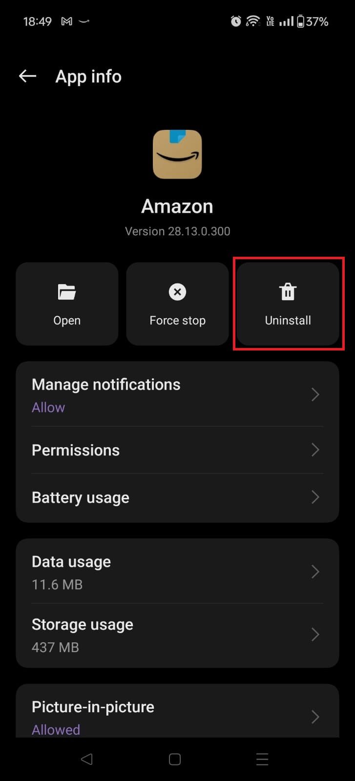 Screenshot highlighting Uninstall on the OnePlus 12R