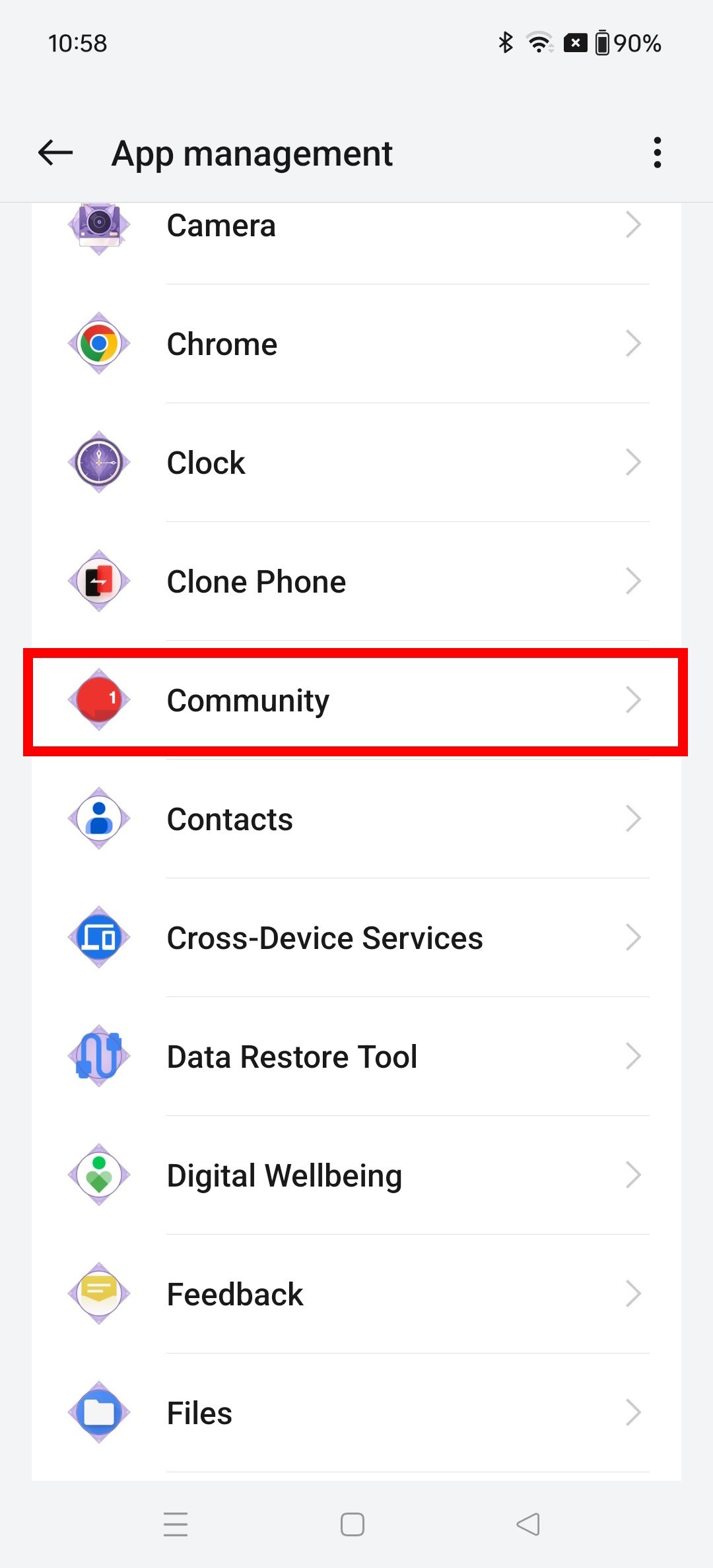 Red rectangle outline over Community app in App management on a OnePlus phone