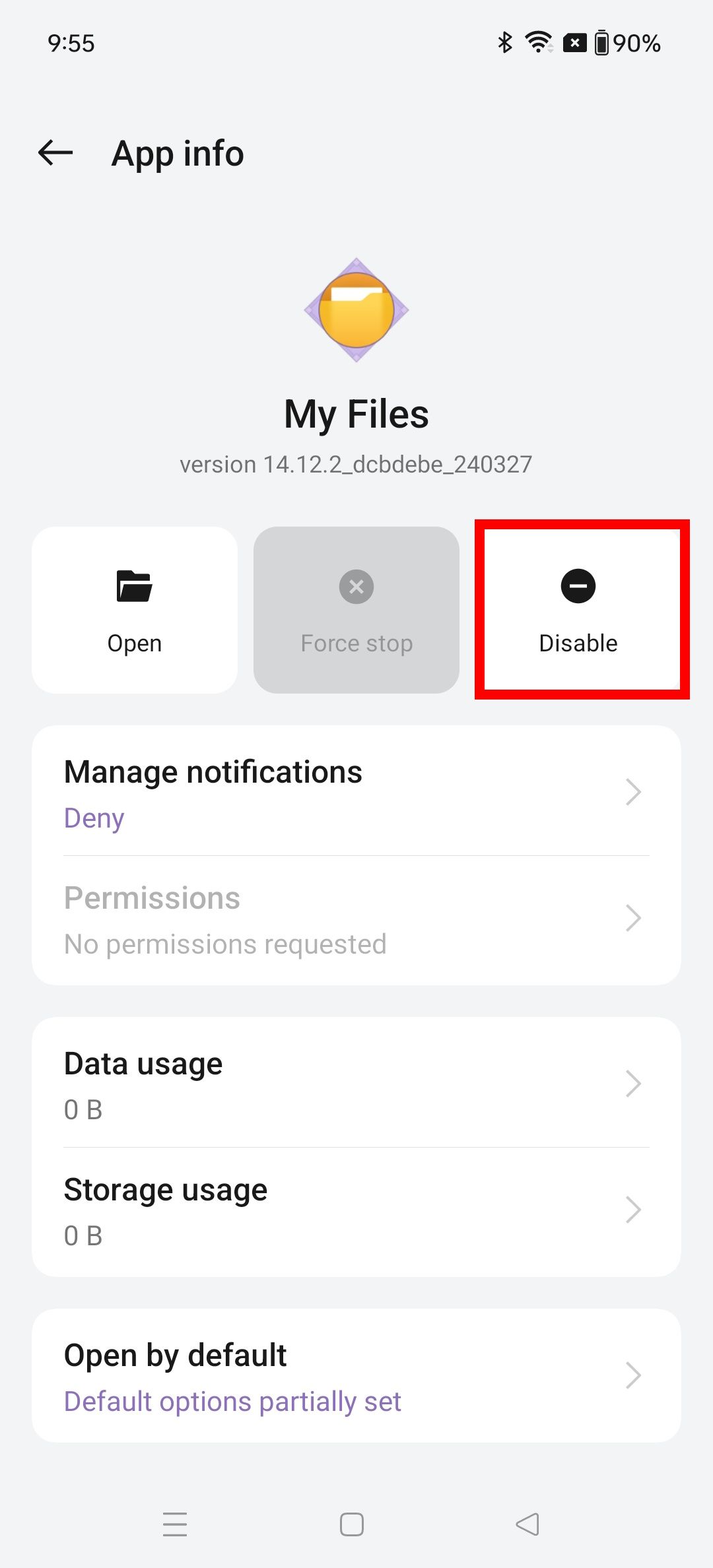 Red rectangle outline over Disable option in App Info