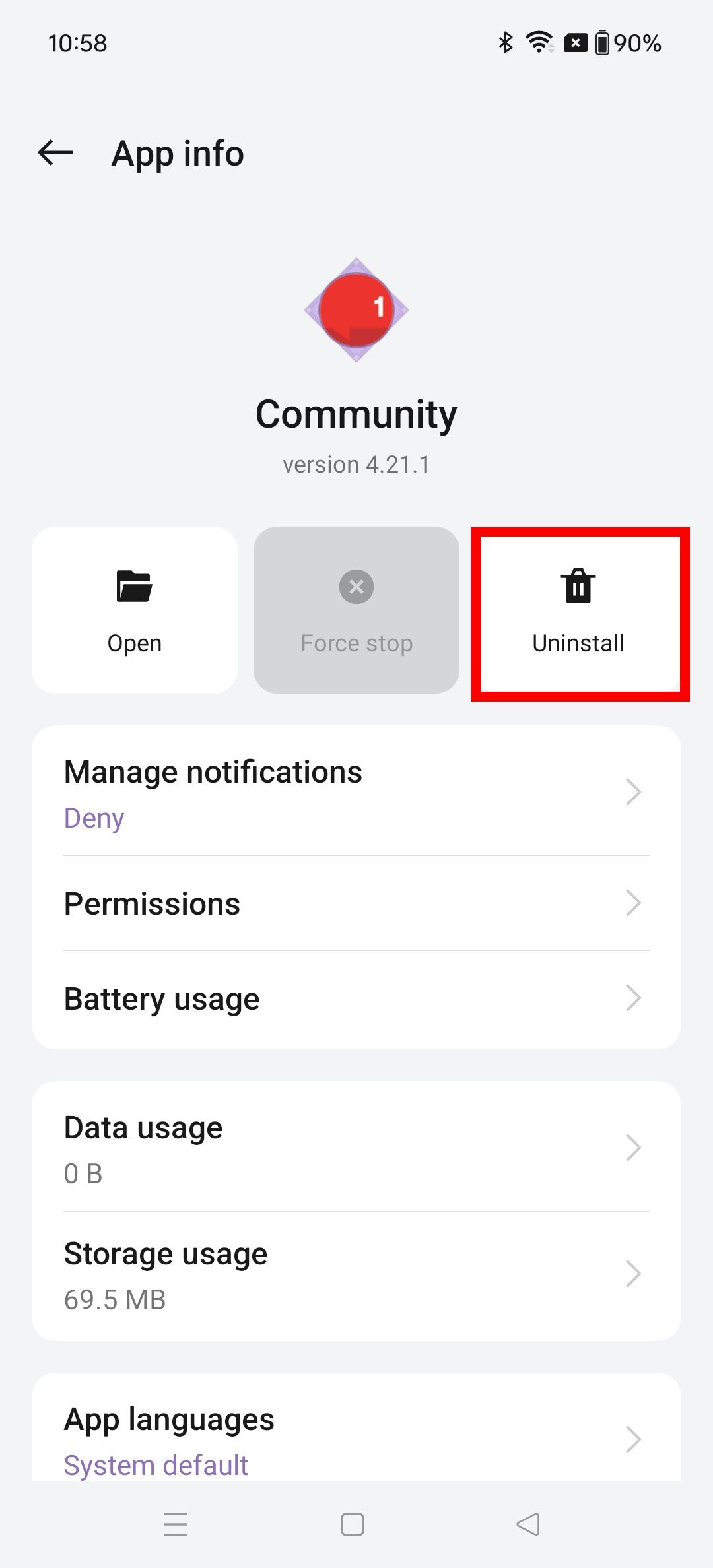 The Community app settings page on a OnePlus 12 with a red box around the Uninstall button