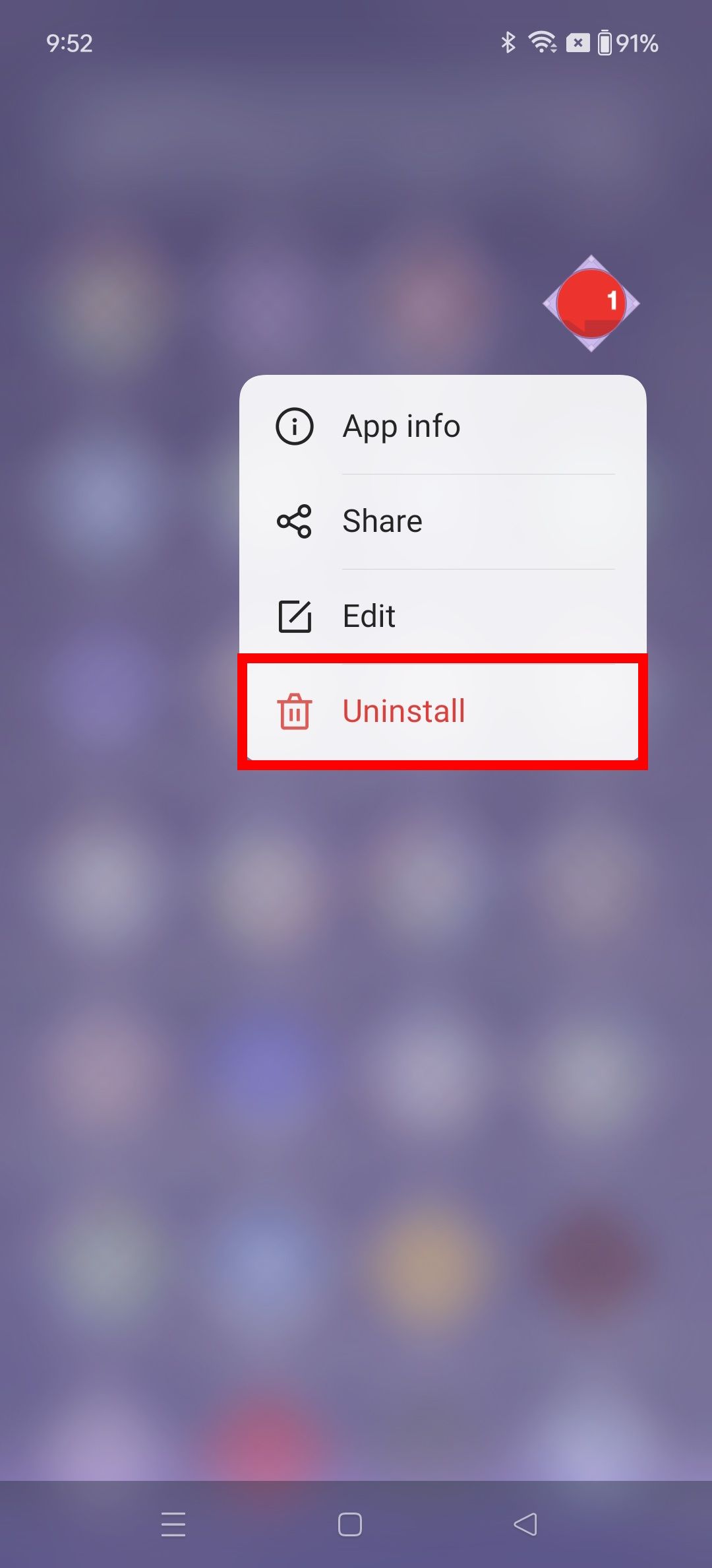 The Community app icon selected in the app drawer of a OnePlus phone with the Uninstall option highlighted with a red box