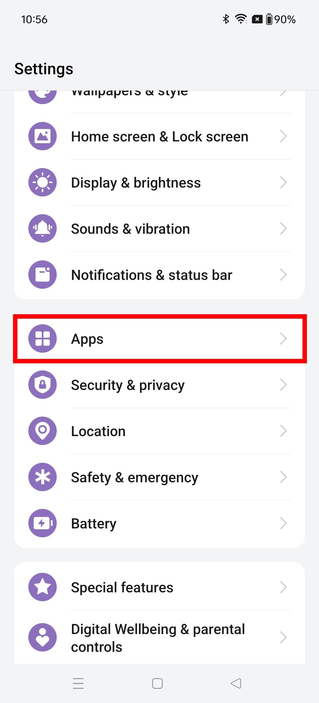 The OnePlus Settings app with a red box around the Apps option