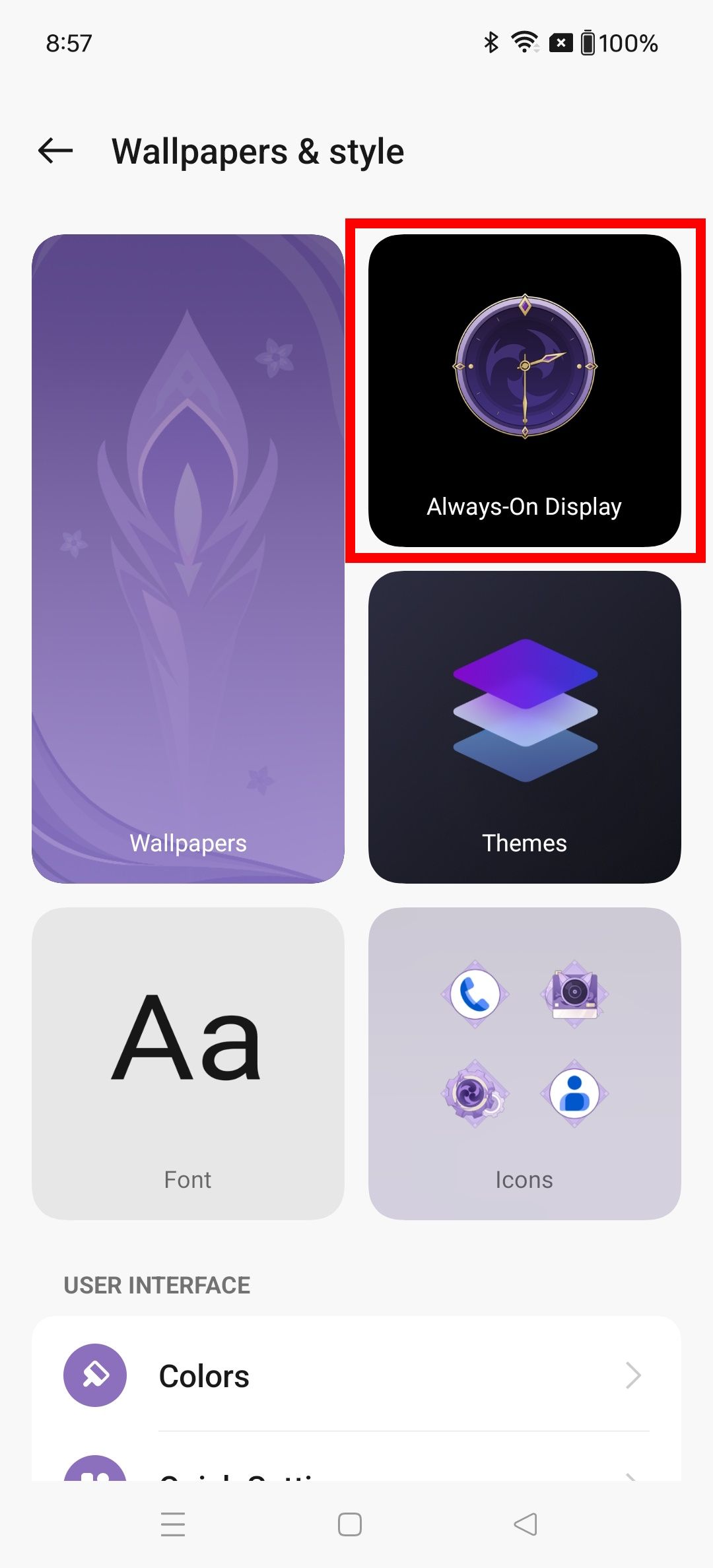 Red square outline highlighting Always On Display in Wallpaper & style page on OnePlus