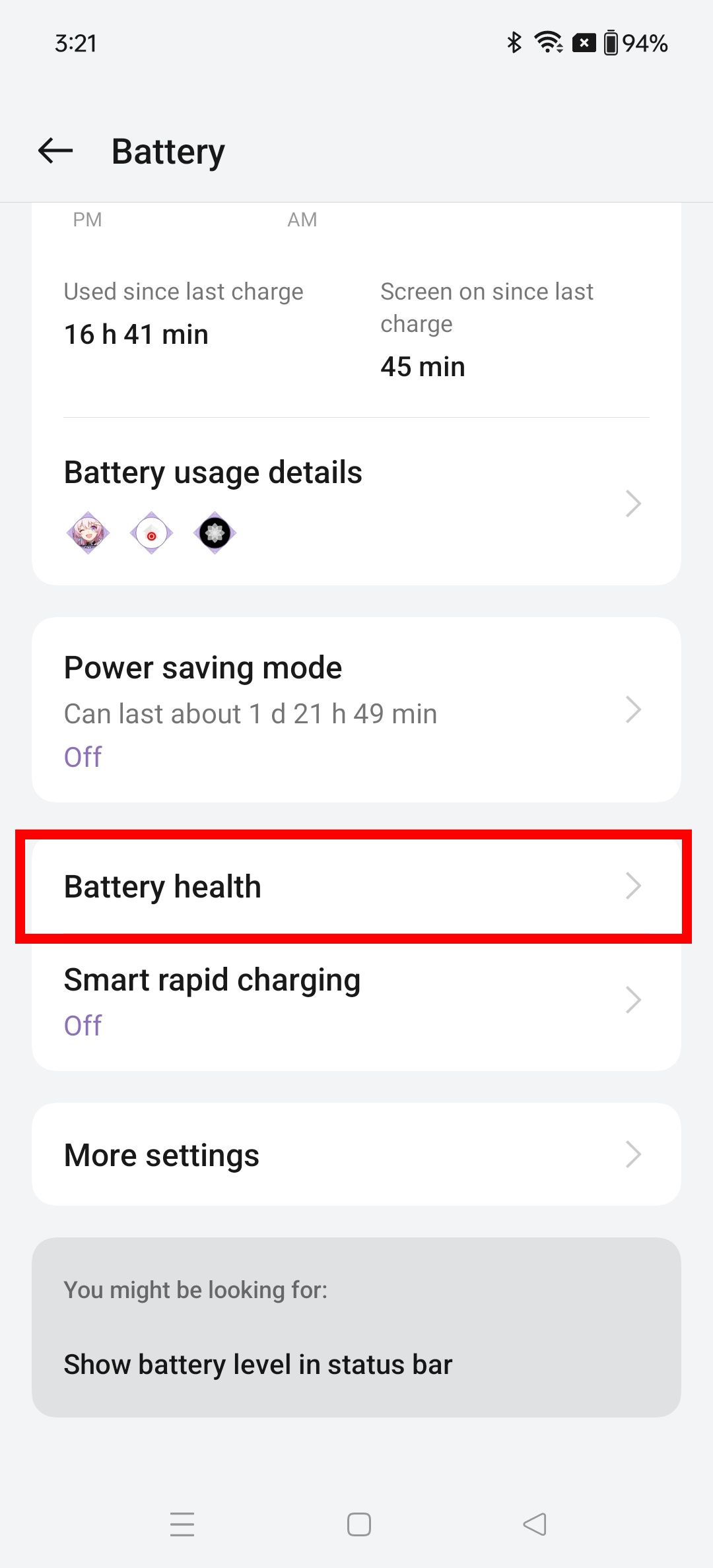 Red rectangle outline highlighting battery health in OnePlus battery settings