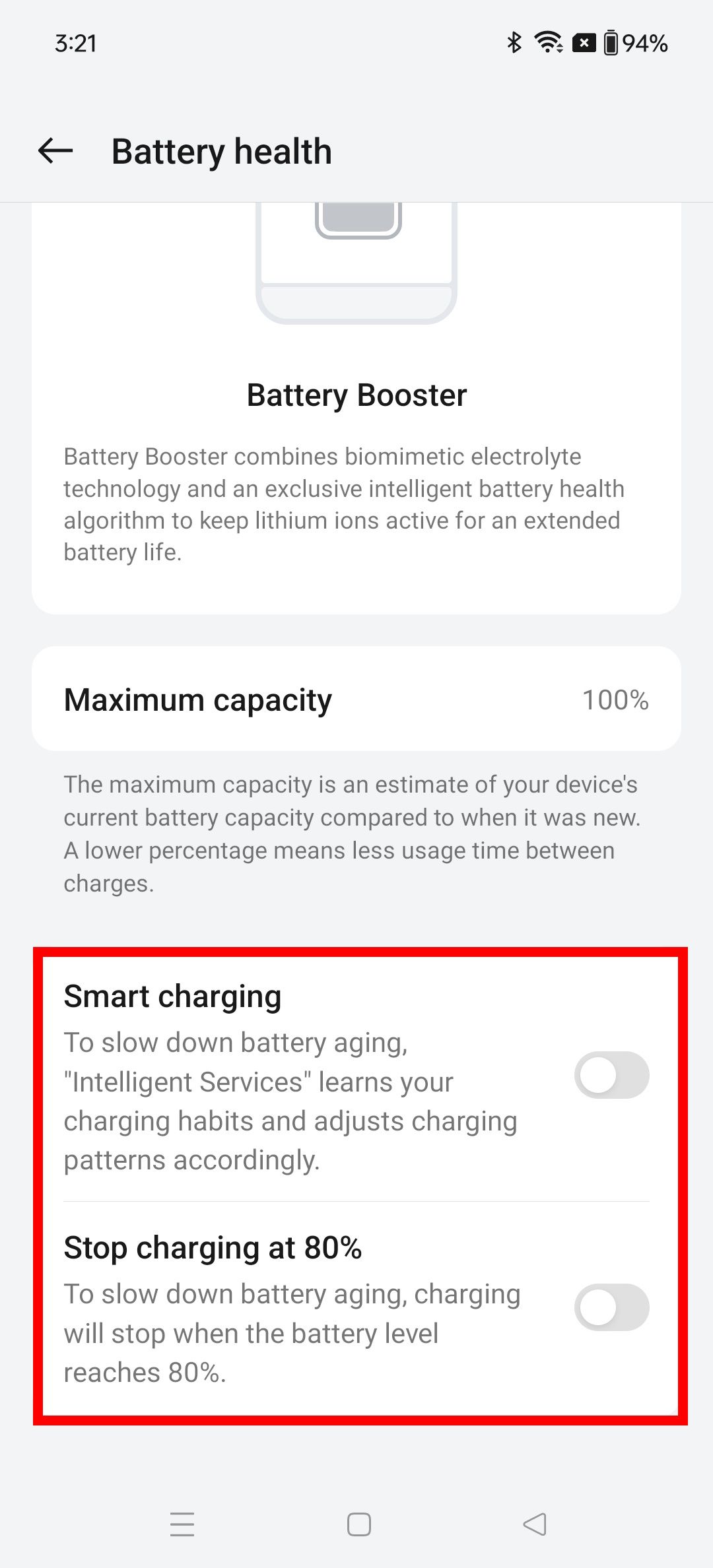 Red rectangle outline highlighting smart charging and stop charging at 80% toggle options in OnePlus battery health page