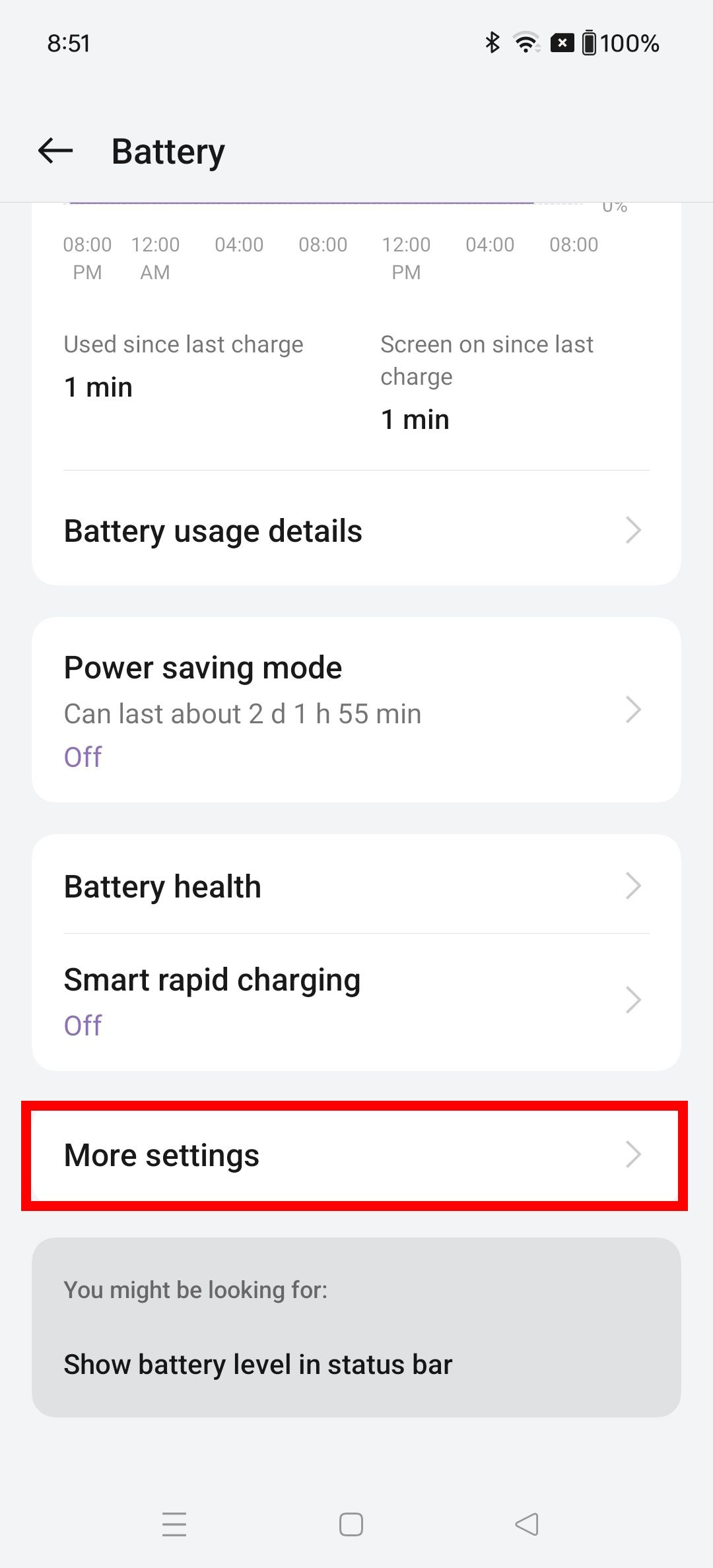 Red rectangle outline highlighting more settings in OnePlus battery settings