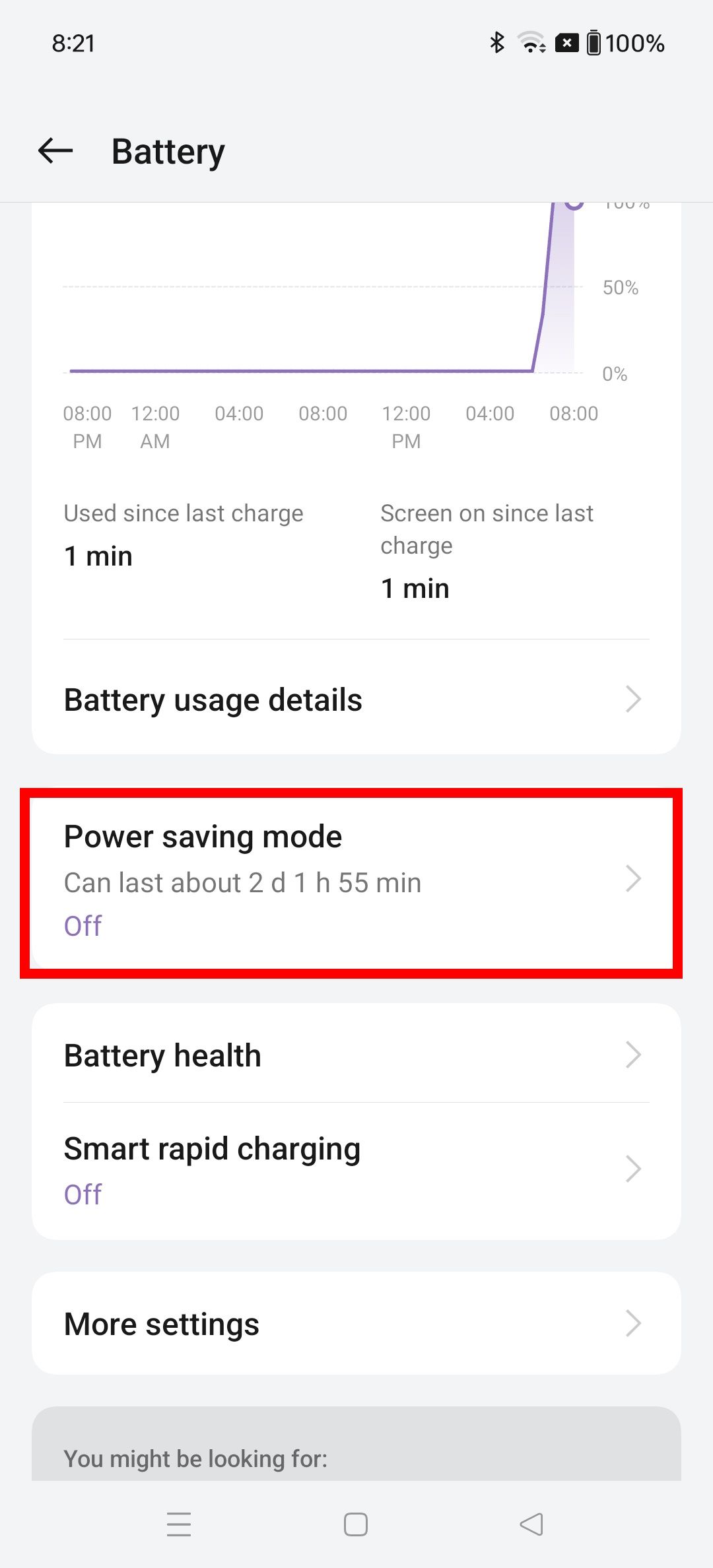 Red rectangle outline highlighting power saving mode in OnePlus battery settings