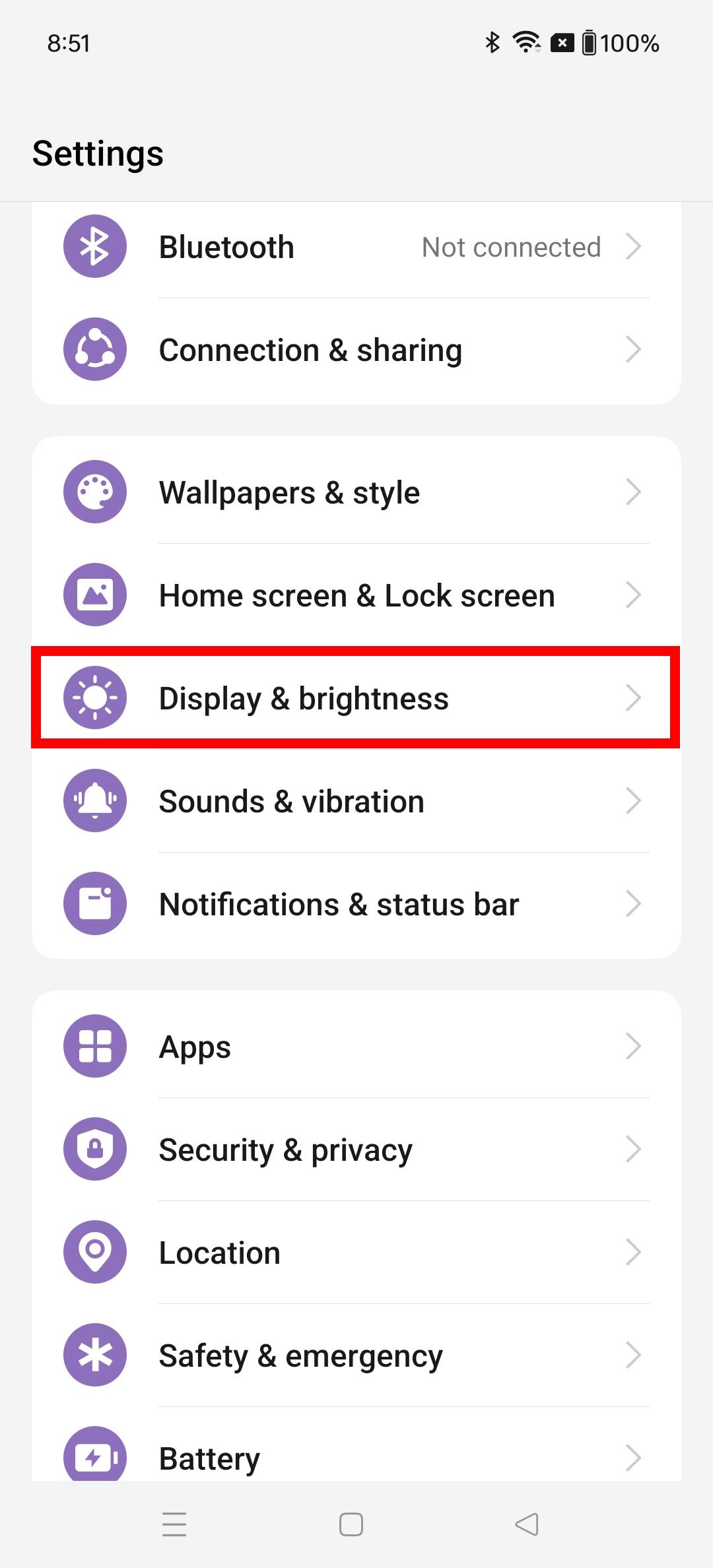 Red rectangle outline highlighting display & brightness option in OnePlus settings