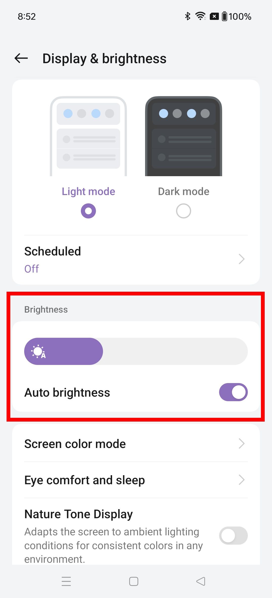 Red rectangle outline highlighting brightness options in display & brightness settings page on OnePlus