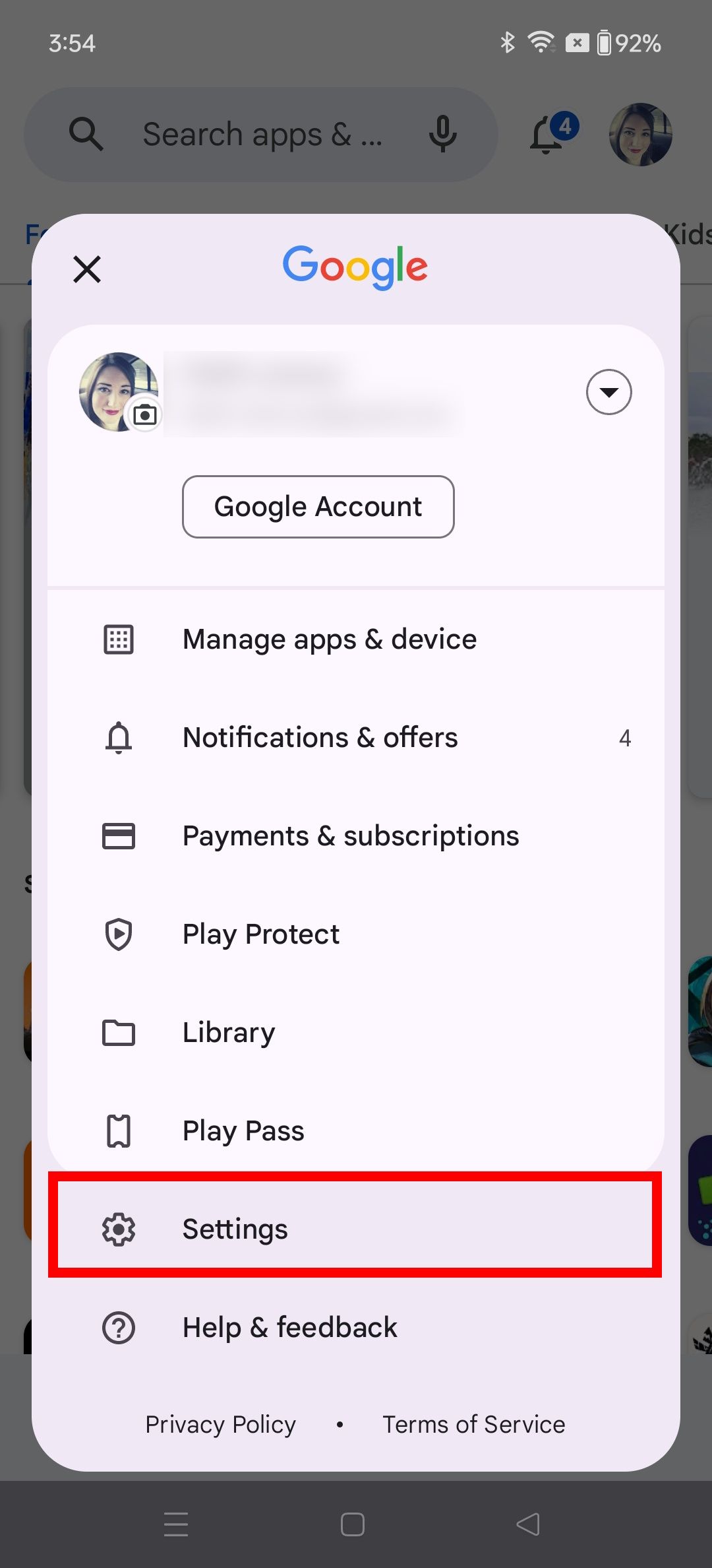 Red rectangle outline highlighting settings option in google profile on OnePlus