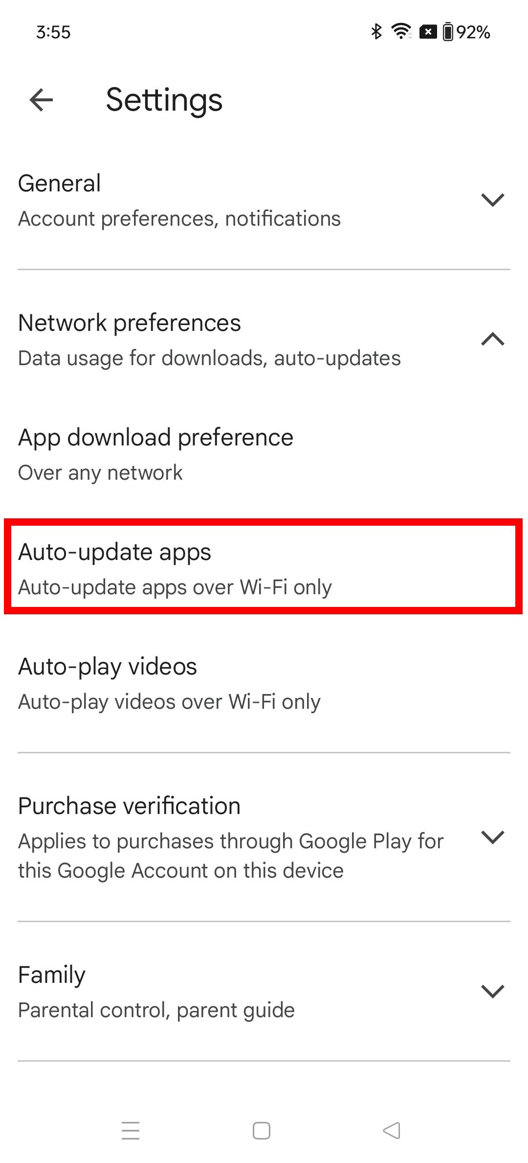 Red rectangle outline highlighting auto-update apps in google play store settings on oneplus