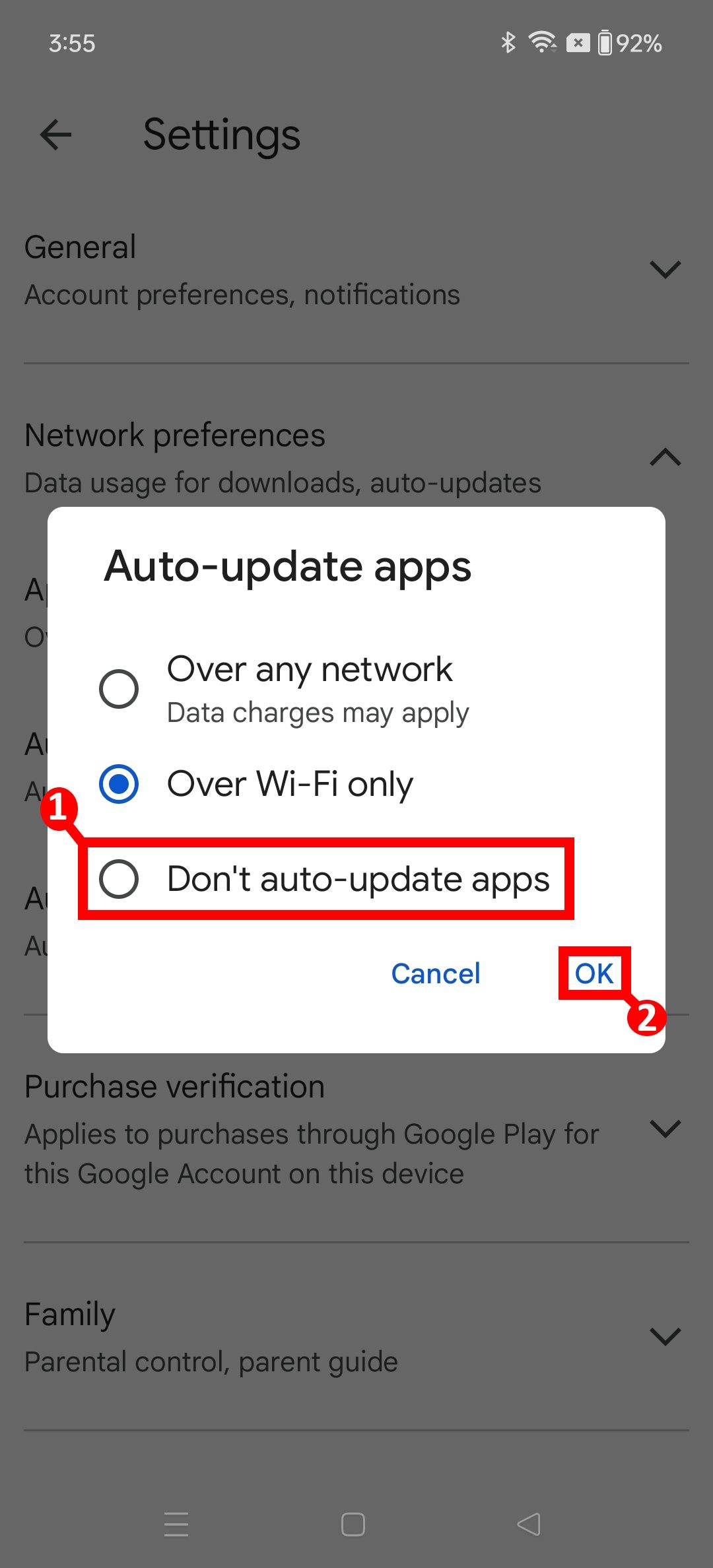 two red rectangle outlines labelled 1 and 2 highlighting don't auto update apps and ok for google play store on oneplus